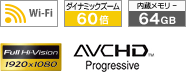 wifi、ダイナミックズーム60倍、内蔵メモリー64GB、Full Hi Vision、AVCHD