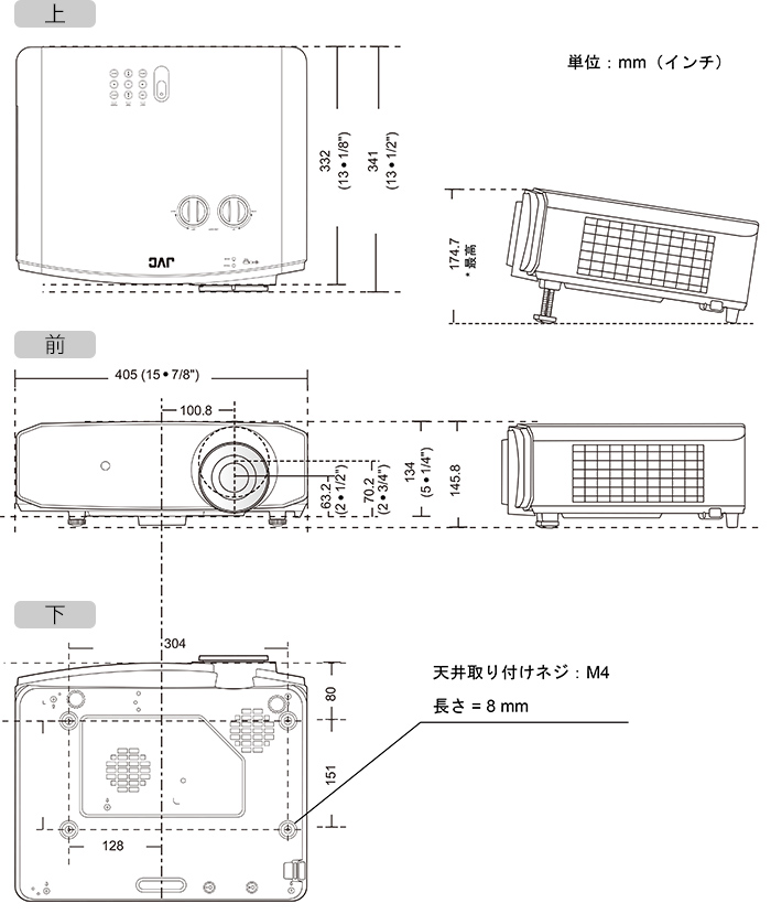 LX-NZ3 寸法図　mm(インチ）